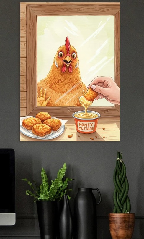 Chicken looking at honey mustard chicken — metal poster wall art by Lineer